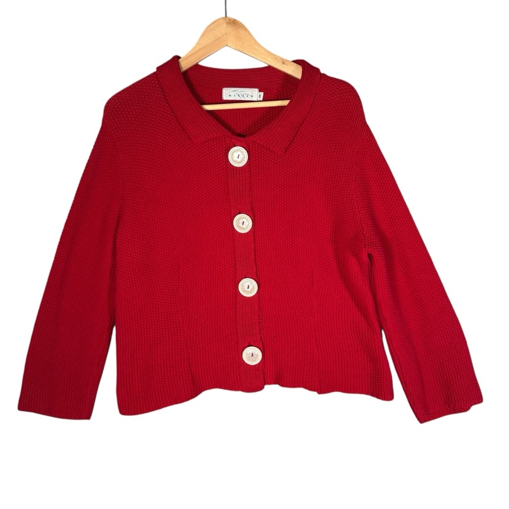 Willow Red Boxy Fit Cardigan Knit Lagenlook Oversized Big Buttons Collared Boxy